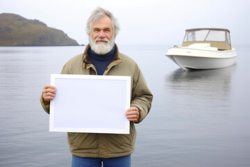 Fototapeta premium Portrait of senior man holding blank sheet of paper in front of boat