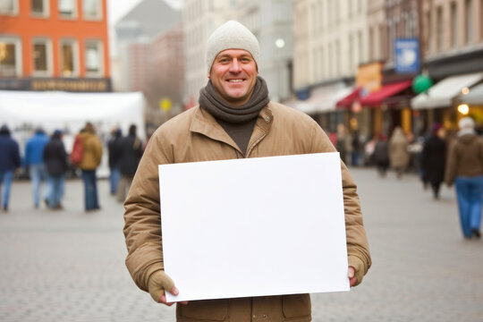Portrait of smiling man holding white blank sheet of paper on city street