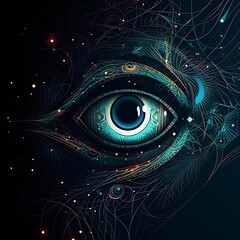 Surreal alien animal eye on dark blue background