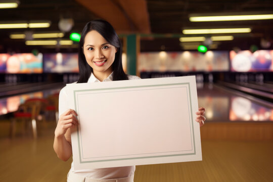 Young asian woman holding blank board in bowling club or bowling alley