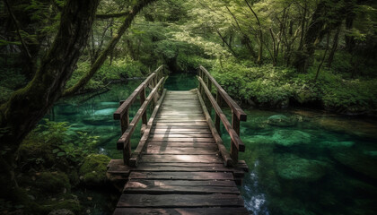 Tranquil scene of a footbridge over blue water generated by AI
