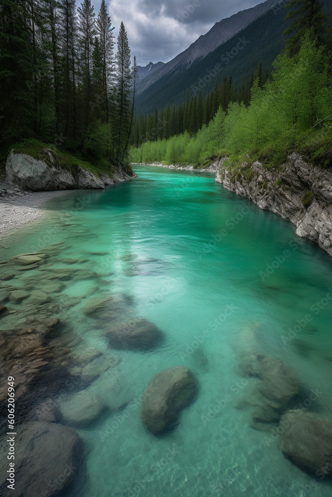 Canvas Prints turquoise river flowing in the mountain generative ai.