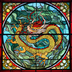 A beautiful Chinese dragon stained glass window. Vibrant colors. Modern design. AI generated image.