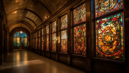 Fototapeta na wymiar Stained glass illuminates ancient Gothic chapel spirituality generated by AI