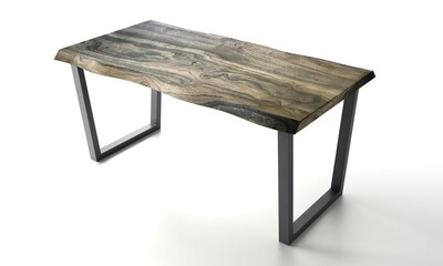 Wooden lacquered table with black metal legs on white background. Modern live edge elm slab coffee table with inner knot in bizarre pattern shape and tree table. 3d rendering.