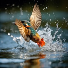 Naklejka na ściany i meble Vibrant Kingfisher Diving into a Crystal Clear River