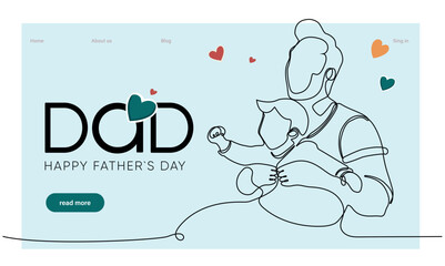 Hugs of a father with a child. One continuous line drawing banner, background, poster with family embrace. Happy Father Day simple vector illustration of child and father. Vector illustration