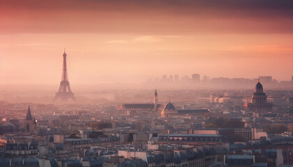 Fototapeta na wymiar Sunset illuminates majestic city skyline, famous landmark generated by AI