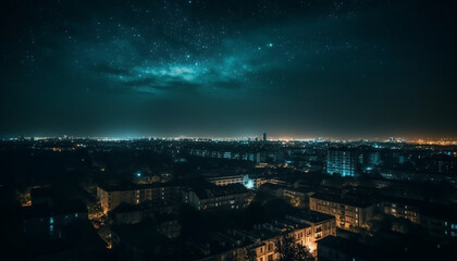 Fototapeta na wymiar Milky Way illuminates futuristic city skyline at night generated by AI