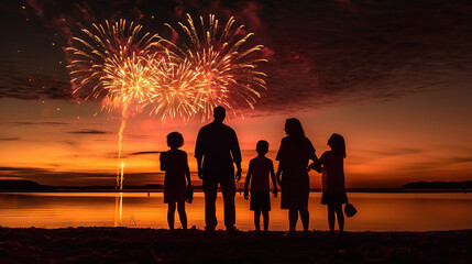 AI generated silhouette of family watching fireworks on the beach during 4th of July orange sunset