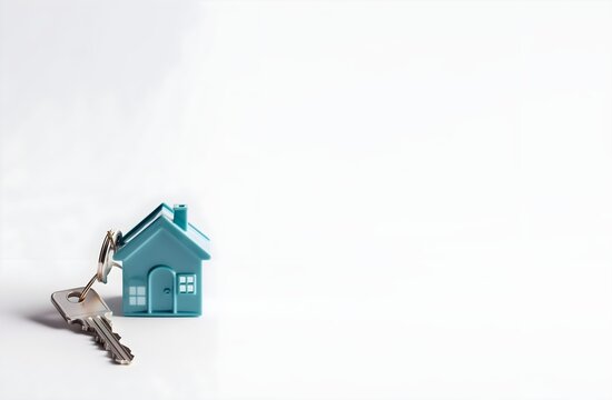 Fondo blanco liso con llave de ingreso de casa, con llavero de casita. Agencia inmobiliaria, venta de casas. 3d render realista. Generado con tecnolog&iacute;a IA