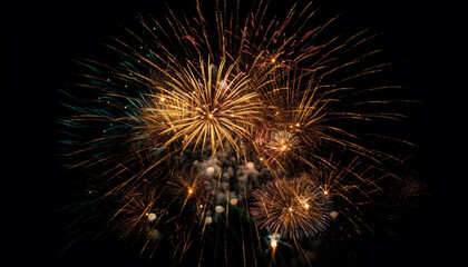 Vibrant colors illuminate exploding firework display celebration generated by AI
