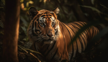 Fototapeta premium Bengal tiger staring with aggression in Madhya Pradesh generated by AI