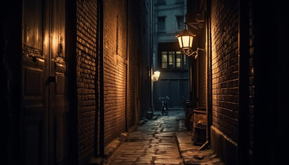 Fototapeta na wymiar Spooky lantern illuminates old brick wall at dusk generated by AI