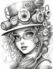 Enchanting Steampunk Charmer: A Grayscale Coloring Page of a Darling Delicate Smiling Cutie with Big Eyes, Generative AI