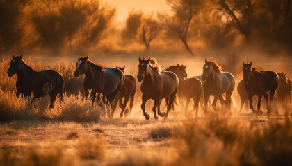 Obraz premium Running stallion in tranquil meadow at sunset generated by AI
