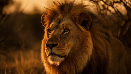 Fototapeta premium Majestic lion with a fierce mane walking generated by AI