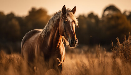 Thoroughbred horse grazes in tranquil meadow at sunset generated by AI