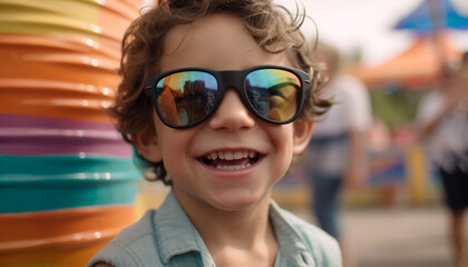 Smiling child in sunglasses enjoys summer fun generated by AI