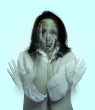 Paranoia. Multiple exposure with photos of emotional woman on light background