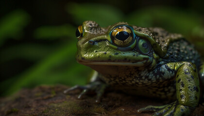 Obraz premium Green toad sitting on leaf in pond generated by AI