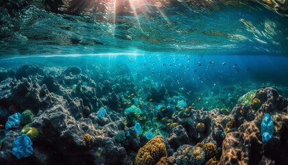 Fototapeta na wymiar Multi colored fish swim in tropical reef paradise generated by AI