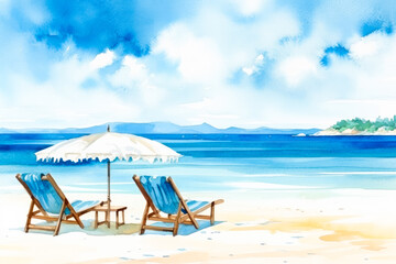 Fototapeta na wymiar Beautiful beach banner - White sand, two chairs and umbrella. Vacation tourism travel watercolor background. Generative AI