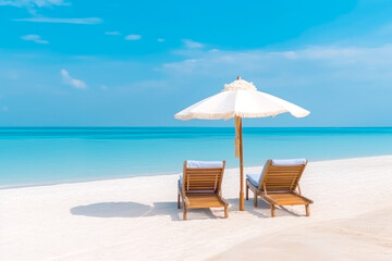 Beautiful beach banner - White sand, two chairs and umbrella. Vacation tourism travel background. Generative AI
