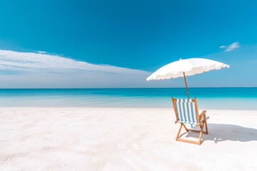 Beautiful beach banner - White sand, chair and umbrella. Vacation tourism travel background. Generative AI