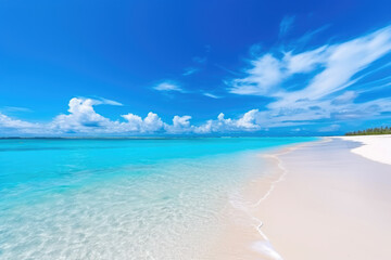 Beautiful sandy beach with almost white sand and rolling calm waves of turquoise ocean on Sunny day on background white clouds in blue sky. Generative AI
