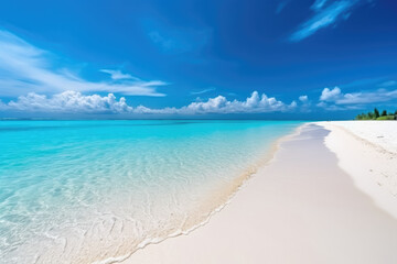 Fototapeta na wymiar Beautiful sandy beach with almost white sand and rolling calm waves of turquoise ocean on Sunny day on background white clouds in blue sky. Generative AI