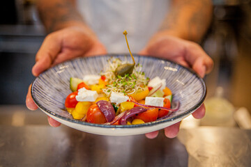 mediterranean dish plate handed by chef