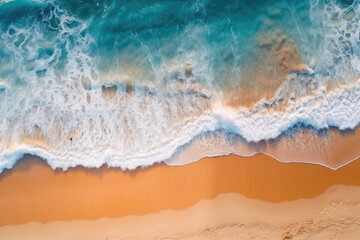 Fototapeta na wymiar Ocean waves on the beach as a wallpaper background. Beautiful natural summer vacation holidays background. Top down view of beach and sea with blue water waves. Generative AI