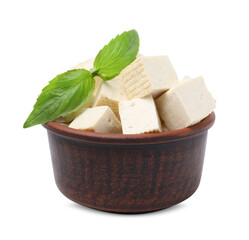 Delicious tofu cheese and basil isolated on white