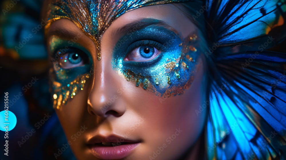 Wall mural a close up of a woman with blue and gold carnival makeup generative ai