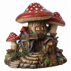 A figurine of a mushroom house with lights on isolated on a white background Generative Ai