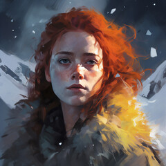 A woman with red hair in the snow Generative Ai