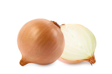 Fototapeta premium Whole and cut onion bulbs isolated on white