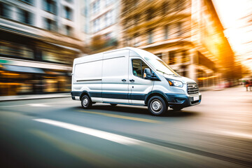 Delivery van in motion. Delivery car in its way. Cargo van driving. Blurred city streets in background. Generative AI - obrazy, fototapety, plakaty