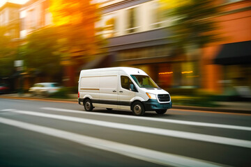 Delivery van in motion. Delivery car in its way. Cargo van driving. Blurred city streets in background. Generative AI