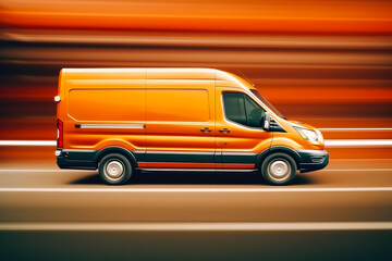 Delivery van in motion. Delivery car in its way. Cargo van driving. Blurred city streets in background. Generative AI - obrazy, fototapety, plakaty