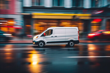 Fototapeta na wymiar Delivery van in motion. Delivery car in its way. Cargo van driving. Blurred city streets in background. Generative AI