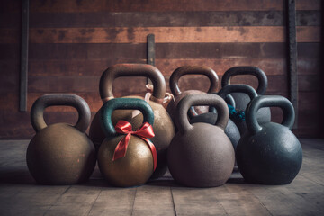 Naklejka na ściany i meble Discover the intensity of kettlebell training: Define your body and boost your performance,stacked,Generative AI