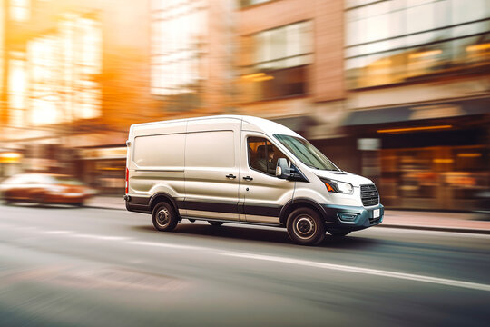 Delivery van in motion. Delivery car in its way. Cargo van driving. Blurred city streets in background. Generative AI