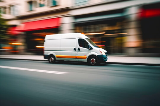 Delivery van in motion. Delivery car in its way. Cargo van driving. Blurred city streets in background. Generative AI