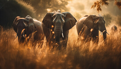 Large herd of African elephants walking at dusk generated by AI