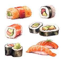 Sushi Set, watercolor painting isolated on white background Generative AI.