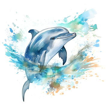 Generative AI Dolphin in water splash. Watercolor vector element. Tattoo watercolor. Watercolor background, water, watercolor flower, water splash, paint, watercolor splash.