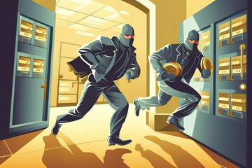 Illustration of robbers robbing a bank, generative AI