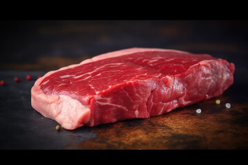 Fresh raw angus meat for barbecue on the grill, rump steak, on top of wooden board, close-up. Generative AI.
